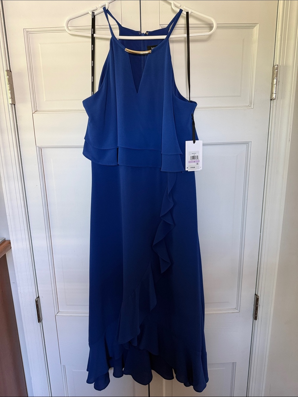 NWT Kensie Royal Blue Halter Ruffle Midi Dress with Gold Bar- Sz 6